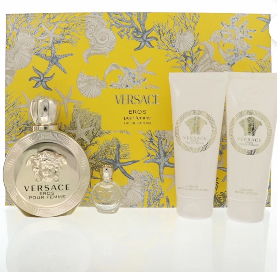 EROS POUR FEMME 4 PCS SET: 3.4oz edp sp, 3.4oz Body lotion, 3.4oz gel, 5ml edp W